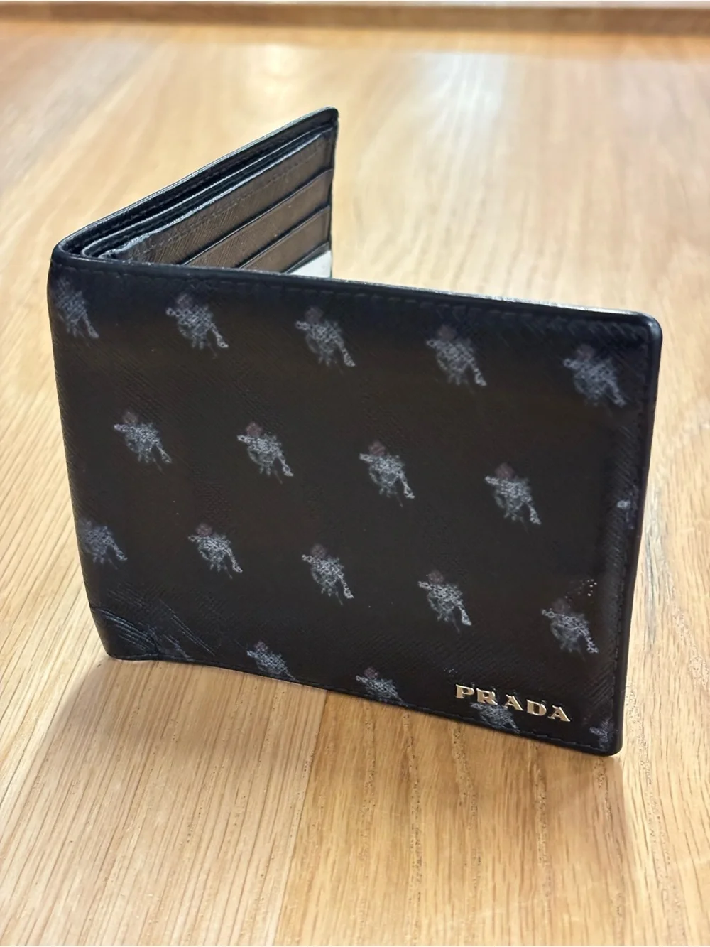 Prada Black Saffiano Leather Card Holder Wallet with Printed Motif